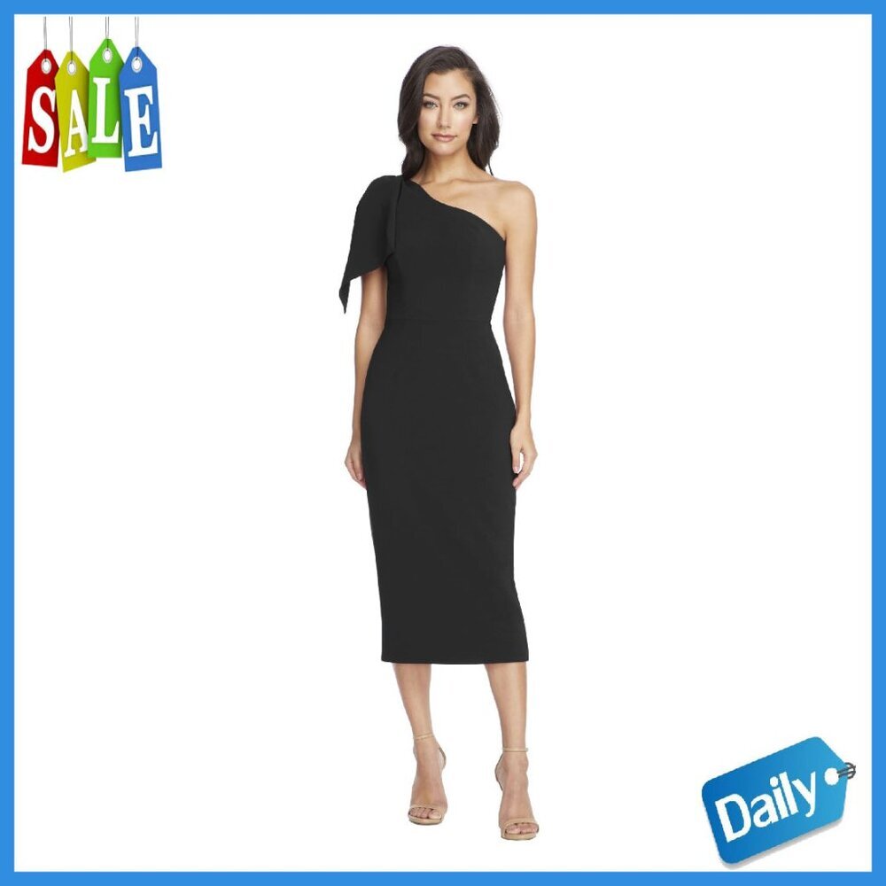 One Shoulder Bow Detail Midi Sheath Dress Bodycon Zipper Closure